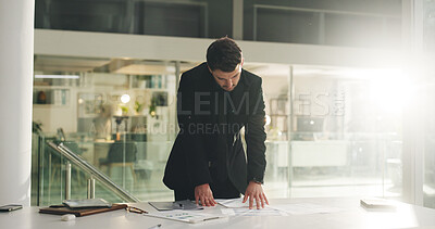 Buy stock photo Business, man or reading paperwork at night for accounting data, organize info and forecasting. Flare, financial analyst or graph documents with overtime in office for investment analysis or deadline