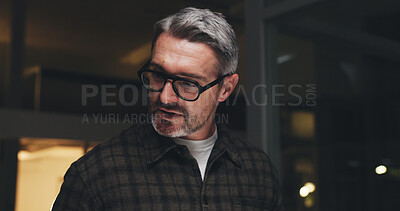Buy stock photo Glasses, night and planning with business man in office for design briefing, project deadline or progress update. Overtime research, creative review and proposal with mature person in agency