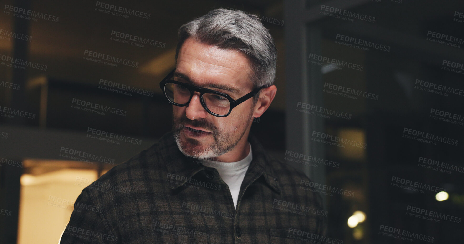 Buy stock photo Glasses, night and planning with business man in office for design briefing, project deadline or progress update. Overtime research, creative review and proposal with mature person in agency