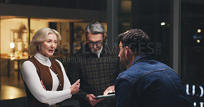 Buy stock photo Business people, tablet and collaboration at night for brainstorming, schedule or project deadline. Group, employees or team working late with technology for creative development or agenda in office