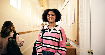 Buy stock photo Smile, education and portrait of girl in high school hallway for learning, scholarship and knowledge. Happy, student opportunity and academy with person or teenager on campus for future and growth