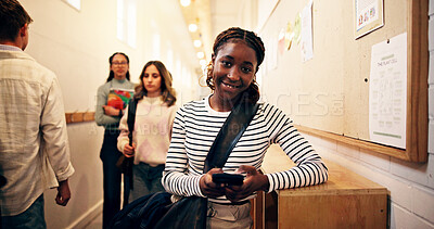 Buy stock photo Student, girl and phone in corridor at high school for text message, social media or online portal for assessment. Female person, teenager and mobile app for academic communication or email on campus
