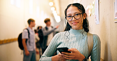 Buy stock photo Portrait, girl and phone in hallway at high school for text message, social media or online portal for assessment. Person, teen student or mobile app for academic communication or education on campus