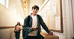 Portrait, high school and happy boy with phone for learning, education or online course in hallway. Mobile, smile and teenager with app for development, growth or scholarship with student in academy