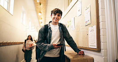 Buy stock photo Portrait, high school and happy boy with phone for learning, education or online course in hallway. Mobile, smile and teenager with app for development, growth or scholarship with student in academy