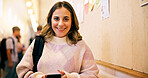 Smile, high school and girl with phone for learning, education or online course in hallway. Mobile, portrait and happy teenager with app for development, growth or scholarship with student in academy