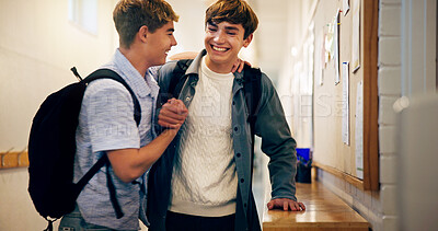 Buy stock photo Boy, teenager and happy for handshake at high school, hallway and excited for greeting with education. Pupil, friends and shaking hands with smile, hello and hug for reunion with learning at academy