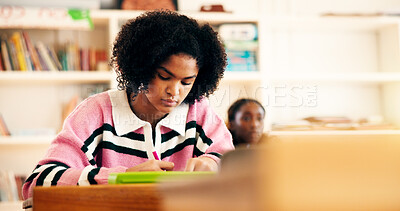 Buy stock photo Education, student or writing assessment in classroom, knowledge or evaluation for scholarship.Test, teenager and girl with stationary in school for learning, academic growth or mental development