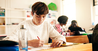 Buy stock photo Drawing, education and student in classroom with creativity, ideas and skills development. Sketching, learner and person learning in school with artwork, self expression and knowledge for project.