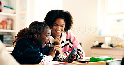 Buy stock photo Phone, high school and friends with shock for success, exam results or pass test in class. Mobile, students and teen girls with surprise for education achievement, learning or excited for scholarship