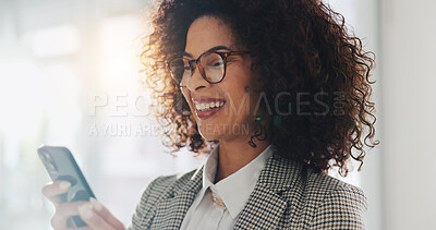 Buy stock photo Phone, smile and glasses with business woman in office for reading, investment profit and success. Account manager, portfolio research and contact with person in agency for flare, mobile and report