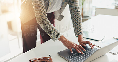 Buy stock photo Hands, business person and typing on laptop for research, finance report or payroll system. Woman, computer and online for financial review, administration or planning update in accounting office