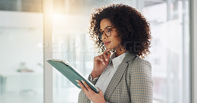 Buy stock photo Thinking, employee and woman with tablet in office, financial analyst or planning for career growth. Corporate, online and African person with ambition for business opportunity, reflection and space