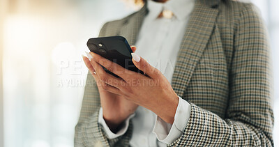 Buy stock photo Phone, hands and businesswoman in office with networking, communication or connection online. Technology, contact and female corporate employee with cellphone for chatting on mobile app in workplace.