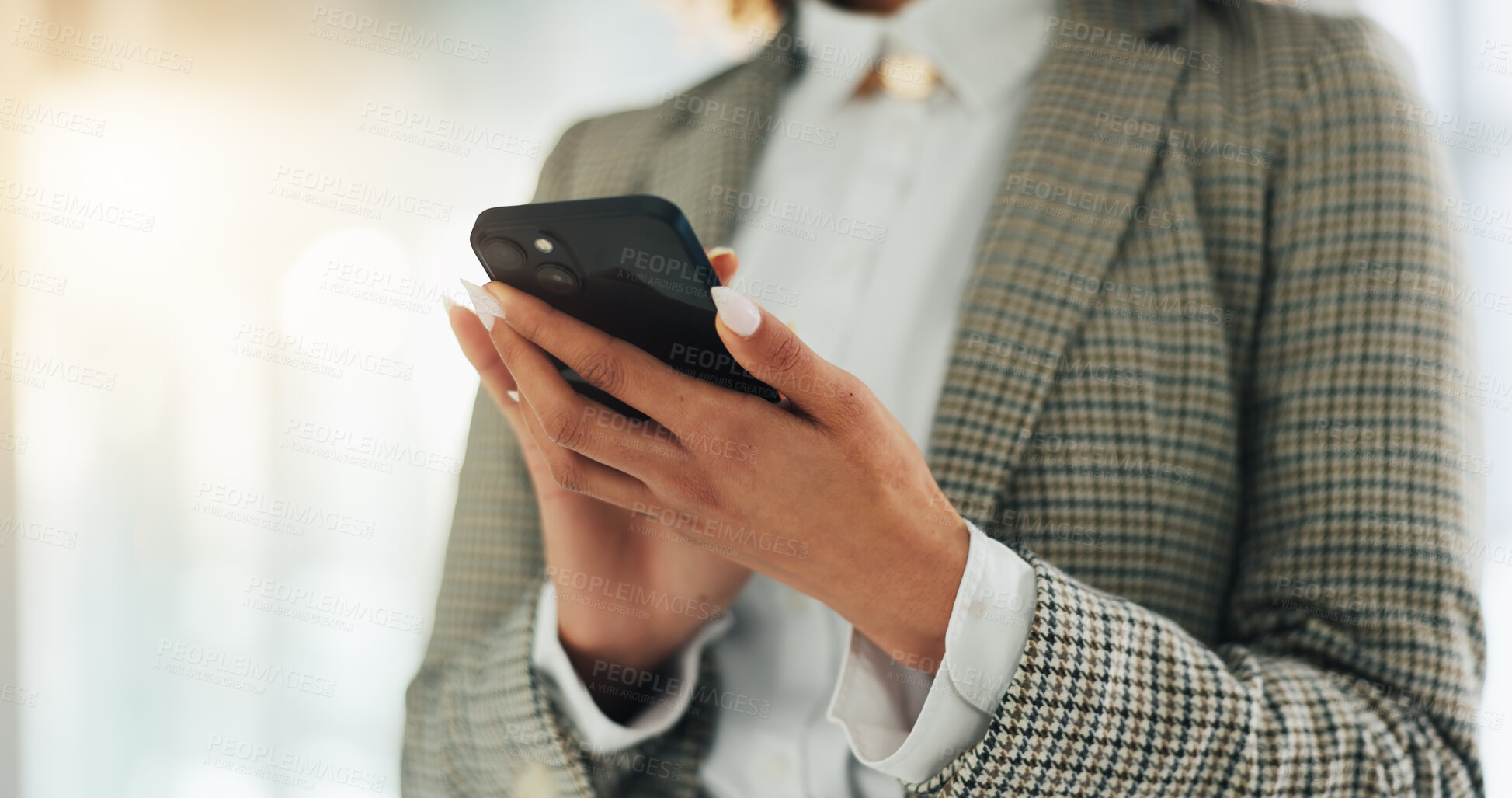 Buy stock photo Phone, hands and businesswoman in office with networking, communication or connection online. Technology, contact and female corporate employee with cellphone for chatting on mobile app in workplace.