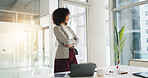 Thinking, employee and woman with arms crossed in office, auditor or planning for career development. Corporate, financial analyst and African person with laptop for business, reflection and space