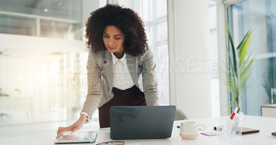 Buy stock photo Tablet, laptop and research with business woman in office for reading, investment growth and online. Account manager, portfolio update and planning with person in agency for flare and report