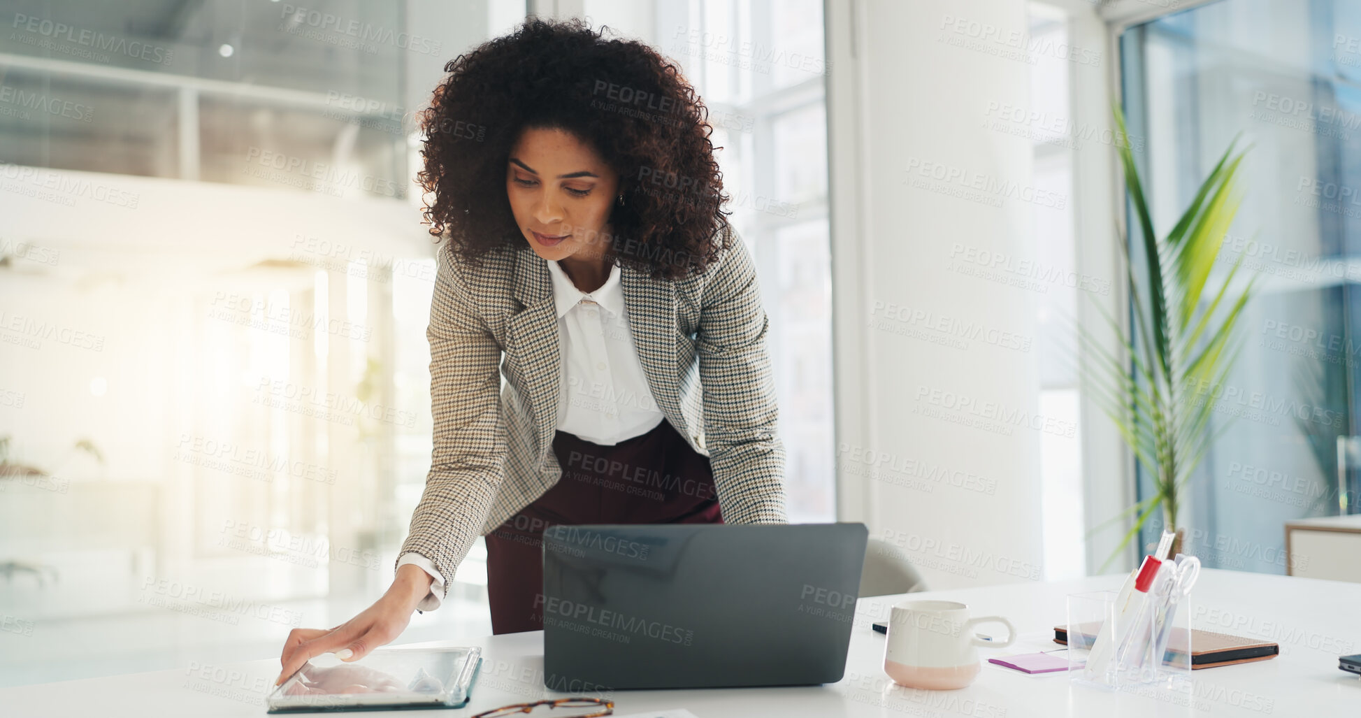 Buy stock photo Tablet, laptop and research with business woman in office for reading, investment growth and online. Account manager, portfolio update and planning with person in agency for flare and report
