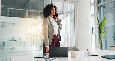 Buy stock photo Phone call, business woman and laughing with laptop for research, finance report or payroll system. Person, tech and smile for financial review, administration or document graphs in accounting office