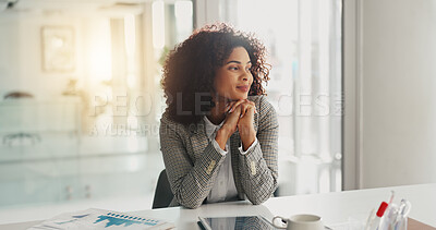 Buy stock photo Business, thinking and woman in office, financial decision and charts for profit increase, choice and solution. Smile, person and investor in workplace, problem solving and pride with growth or ideas