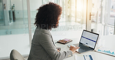 Buy stock photo Documents, business woman and laptop screen for research, finance report or payroll system. Person, computer and typing for financial review, administration or planning graphs in accounting office