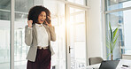 Business, phone call and woman with celebration, excited and profit with investment. Person, investor and employee in workplace, smartphone or happiness with bonus, promotion and winning with contact