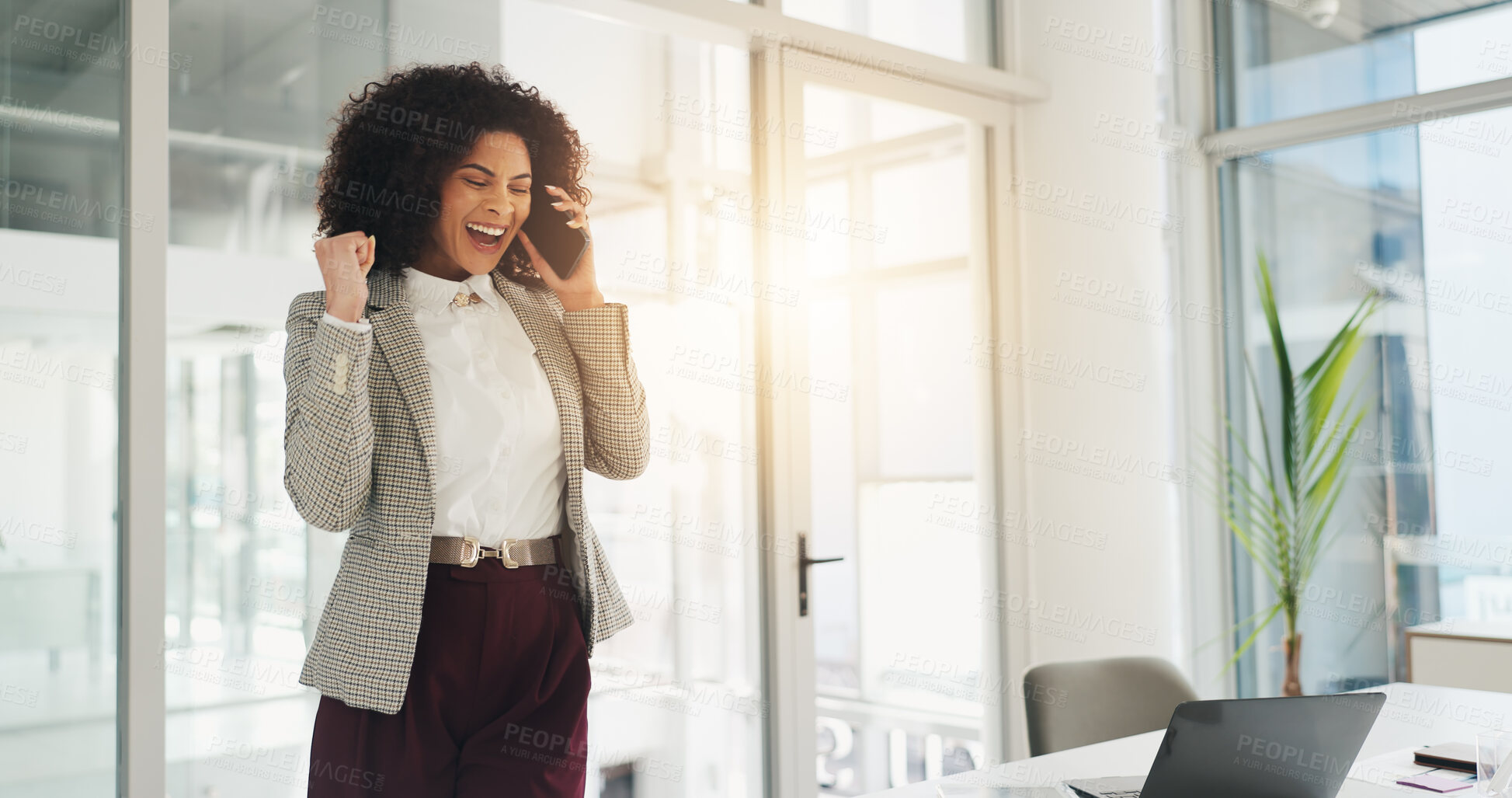 Buy stock photo Business, phone call and woman with celebration, excited and profit with investment. Person, investor and employee in workplace, smartphone or happiness with bonus, promotion and winning with contact