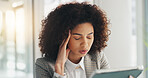 Hands, frustrated and African woman in office with tech, business and financial strain in company. Stress, digital and broker for start up with tablet, deadlines and headache for working overtime.