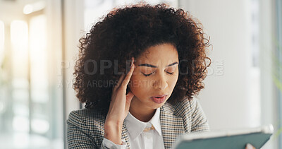 Buy stock photo Headache, frustrated and woman in office with tablet, business and financial strain in company. Stress, digital and African broker for agency with technology, deadline and pressure at workplace.