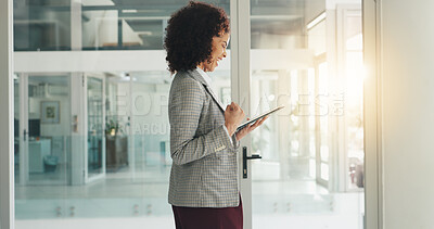 Buy stock photo Tablet, fist pump and profile with business woman in office for reading, investment profit and success. Account manager, portfolio research and planning with person in agency for flare and report