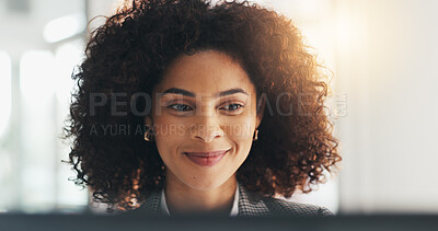 Buy stock photo Reading, laptop and smile with business woman in office for budget, investment profit and online. Account manager, portfolio research and planning with person in agency for flare and digital report