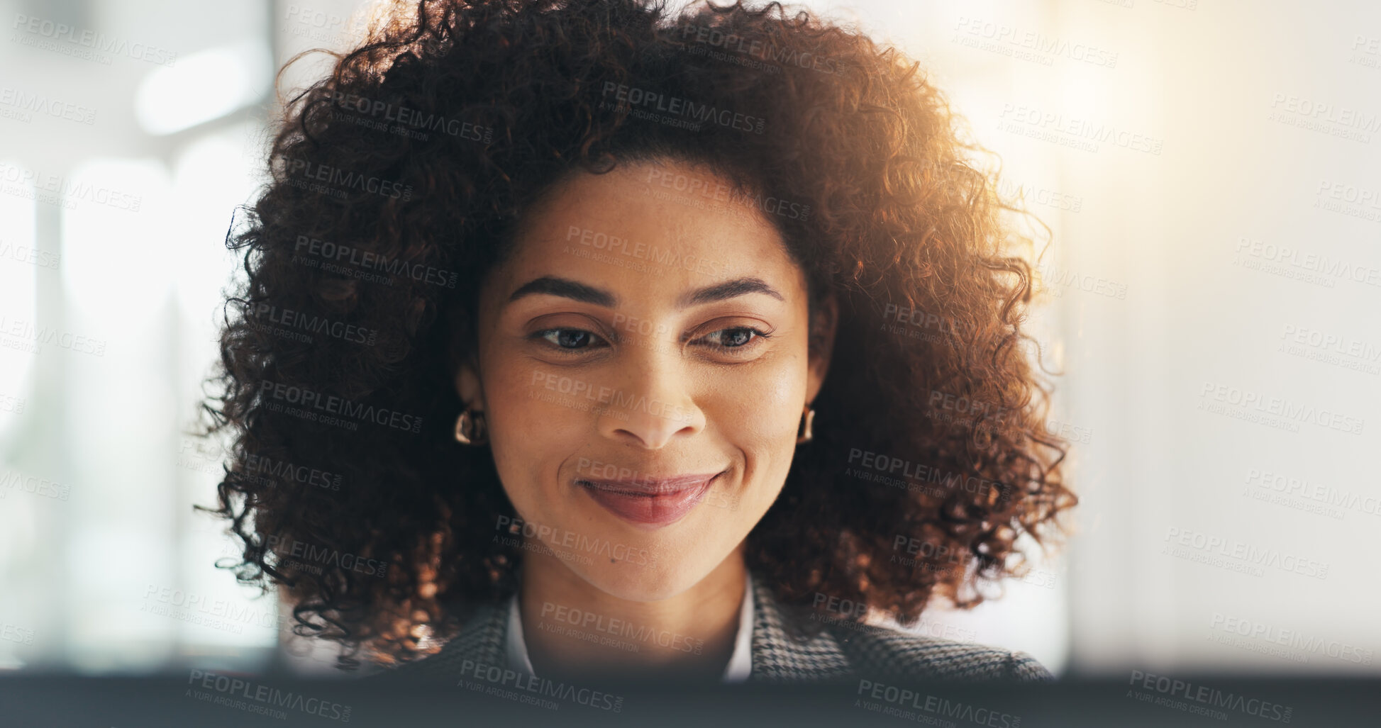 Buy stock photo Reading, laptop and smile with business woman in office for budget, investment profit and online. Account manager, portfolio research and planning with person in agency for flare and digital report