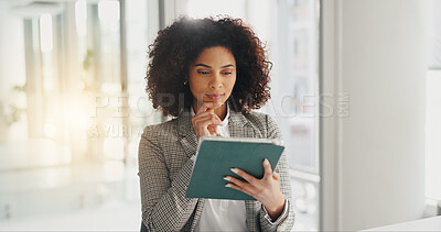 Buy stock photo Thinking, serious and woman with tablet in office, financial analyst or plan for career development. Corporate, accountant and African person with tech for business growth, reflection and space