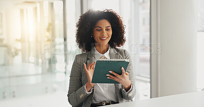 Buy stock photo Tablet, scroll and smile with business woman in office for reading, investment profit and trading app. Account manager, portfolio research and planning with person in agency for flare and report