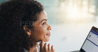 Buy stock photo Happy, think and woman with laptop in office, financial analyst and planning for career development. Corporate, accountant and African person with tech for business growth, space and reflection