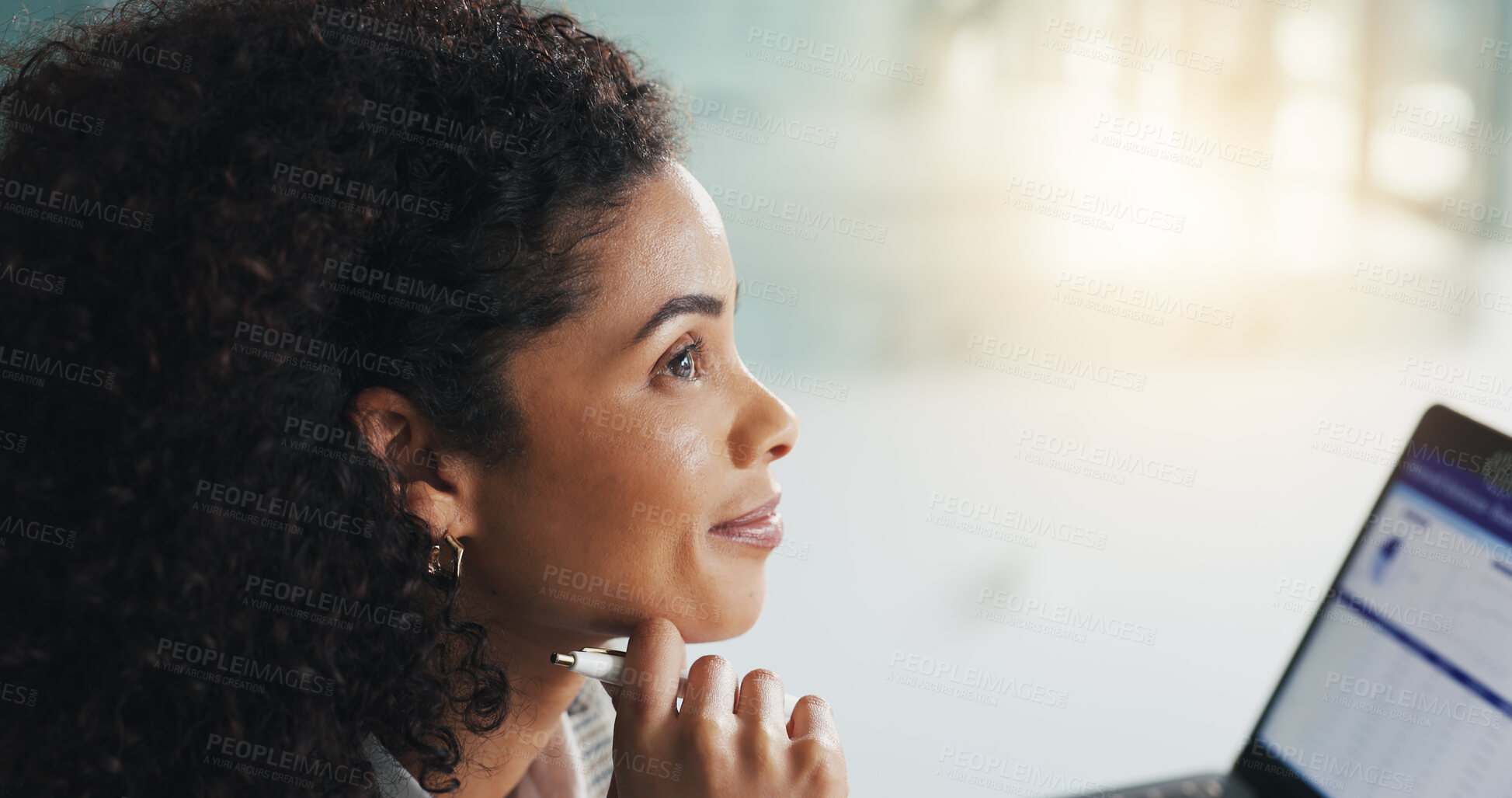 Buy stock photo Happy, think and woman with laptop in office, financial analyst and planning for career development. Corporate, accountant and African person with tech for business growth, space and reflection
