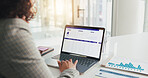 Hands, business person and laptop screen for research, finance report or payroll system. Woman, computer and online graphs for financial review, administration or planning update in accounting office