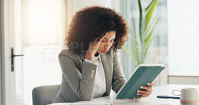 Buy stock photo Business, woman and headache with tablet in office for trading mistake, bad investment and stress. Professional, trader and migraine with tech at desk for financial loss, portfolio review or pressure