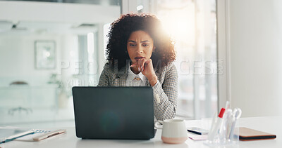 Buy stock photo Worried, employee and woman with laptop in office, thinking or stress for stock market crash on web. Corporate, financial analyst and African person with anxiety for investment failure and reflection