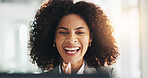 Success, laptop and smile with business woman in office for reading, investment profit and winner. Account manager, portfolio research and planning with person in agency for flare and bonus report