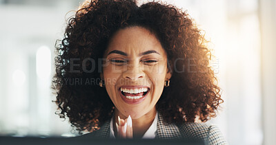 Buy stock photo Success, laptop and smile with business woman in office for reading, investment profit and winner. Account manager, portfolio research and planning with person in agency for flare and bonus report