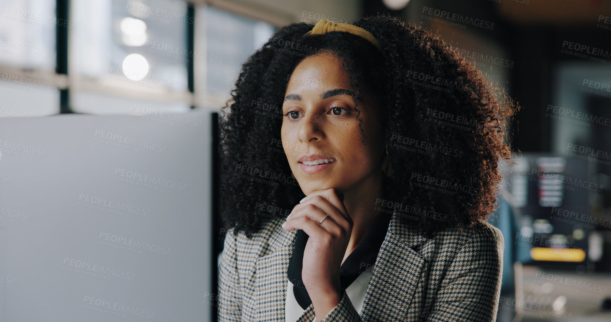 Buy stock photo Computer, research and businesswoman in office for planning with stock market for finance report. Technology, typing and financial broker with investment proposal for company trading in workplace.