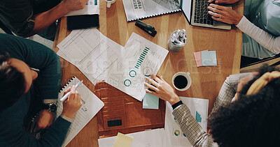 Buy stock photo Documents, hands and business people in office with planning for finance report with company budget. Paperwork, statistics and financial advisors in collaboration for investment proposal from above.