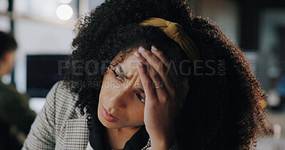 Buy stock photo Office, employee and woman at night, frustrated or stress for mistake on article, media or reporter. Working late, journalist and African person with anxiety for deadline, think and worried for story