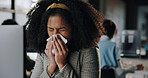 Sneezing, employee and woman with tissue in office, financial analyst and sick at night or overtime. Blowing, nose and African person with allergies, illness and symptoms for cold and working late