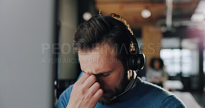Buy stock photo Stress, fatigue and call center agent in office with headache for online consultation with error. Burnout, tired and male customer service consultant with migraine for exhaustion in workplace.