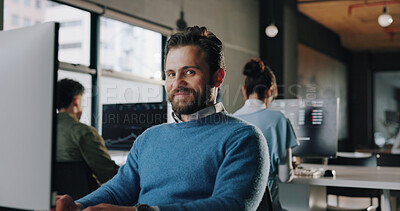 Buy stock photo Computer, research and portrait of businessman in office for planning with stock market for finance report. Technology, typing and financial broker with investment proposal for trading in workplace.