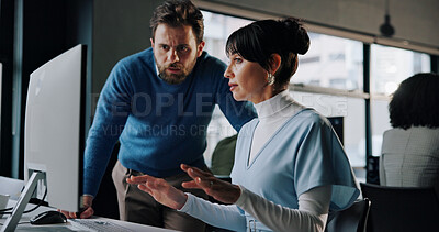 Buy stock photo Coaching, computer and teamwork with business people in office for advice, campaign research and planning. Branding advisor, training and collaboration with employees in creative agency for report