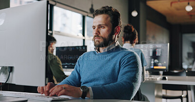 Buy stock photo Computer, research and businessman in office for planning with stock market for finance report. Technology, typing and male financial broker with investment proposal for company trading in workplace.