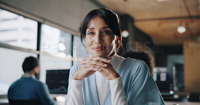 Buy stock photo Happy woman, portrait or broker with confidence in office for stock market agency or company. Face, female person or virtual investor with smile for asset management or digital trading in workplace